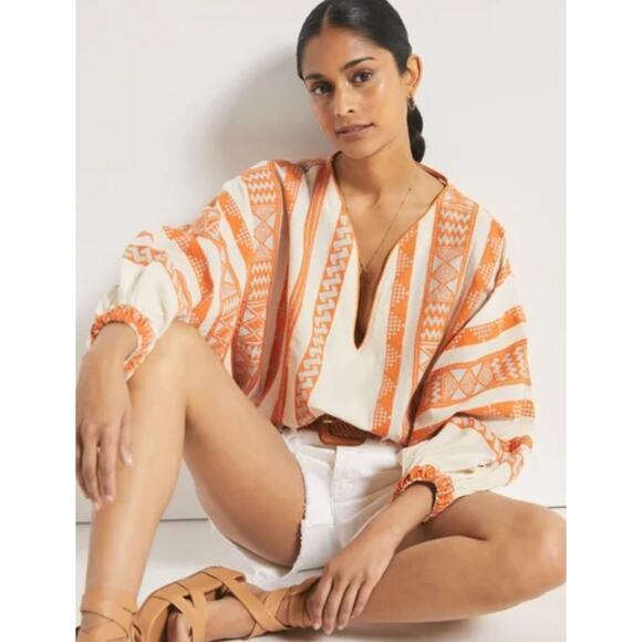 Devotion TWINS Antipsara Puff Sleeve Orange White Stripe Oversized Blouse Xsmall - Picture 3 of 7